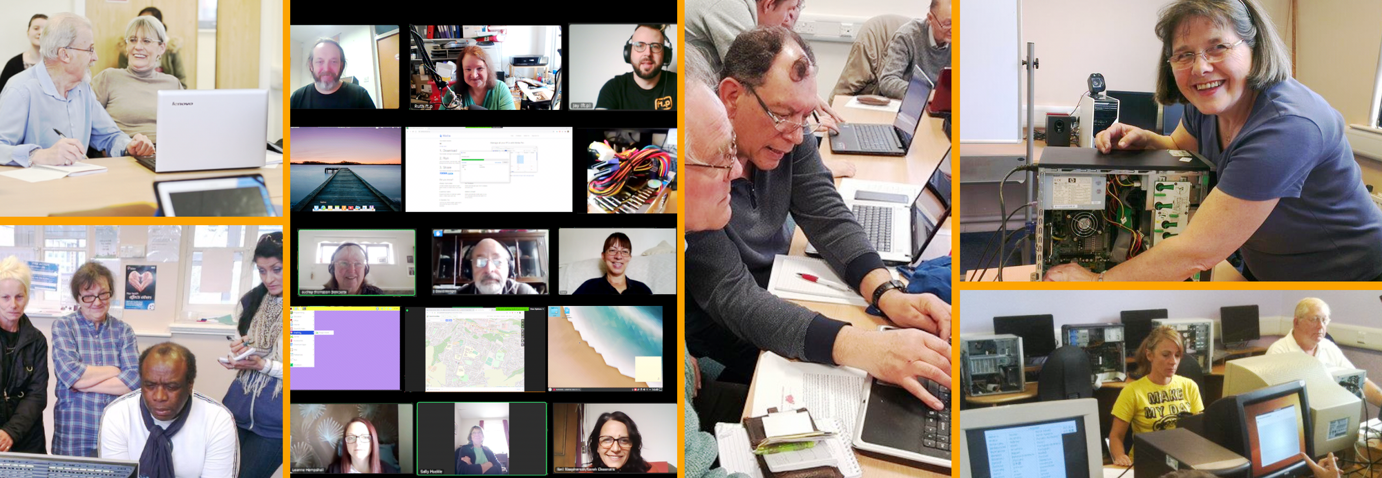 A montage of a diverse range of people using technology on our workshops in-person and online.