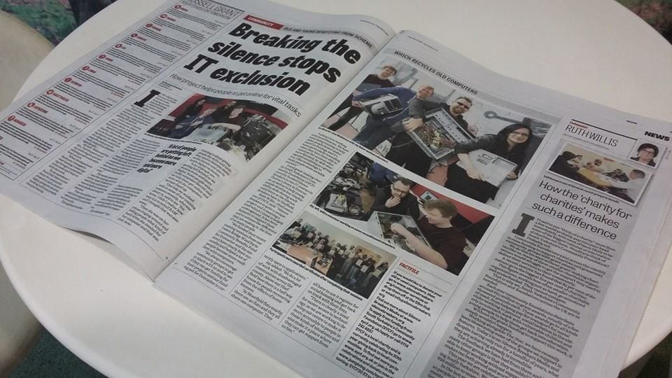 A newspaper article featuring photos of SilenceBreaker Media personnel with the headline "Breaking the silence stops IT exclusion."