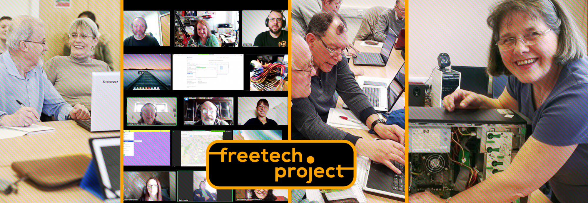A montage of different people engaging with computers both online and in-person, alongside the FreeTech Project logo.