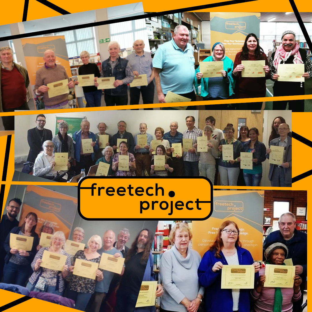 Dozens of people posing in different libraries, holding certificates.